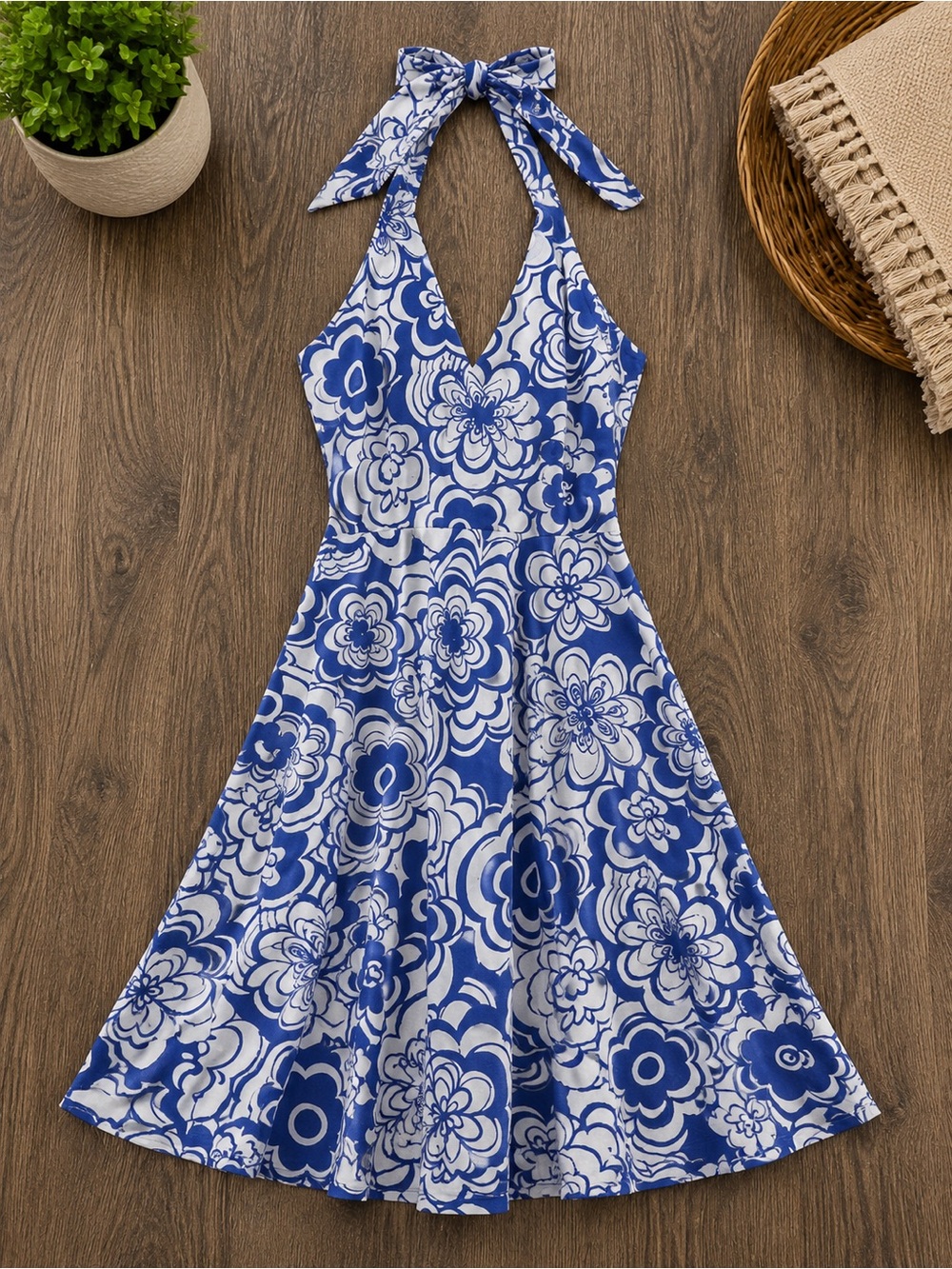 Spense Blue White Floral Halter Dress A-Line Summer Vacation Sundress